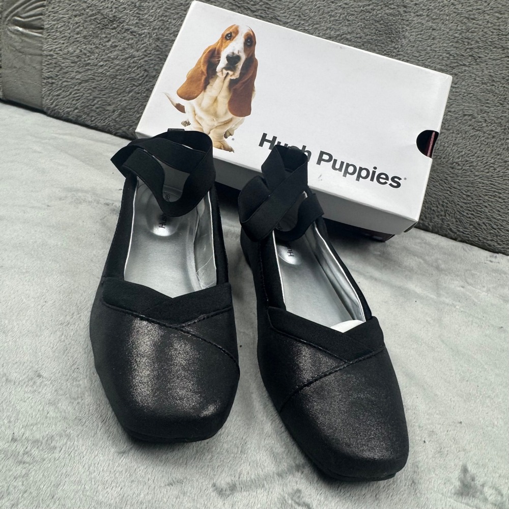 Hush Puppies Gemma Ballet Flats Black Metallic Elastic Ankle‎ Strap Women 7